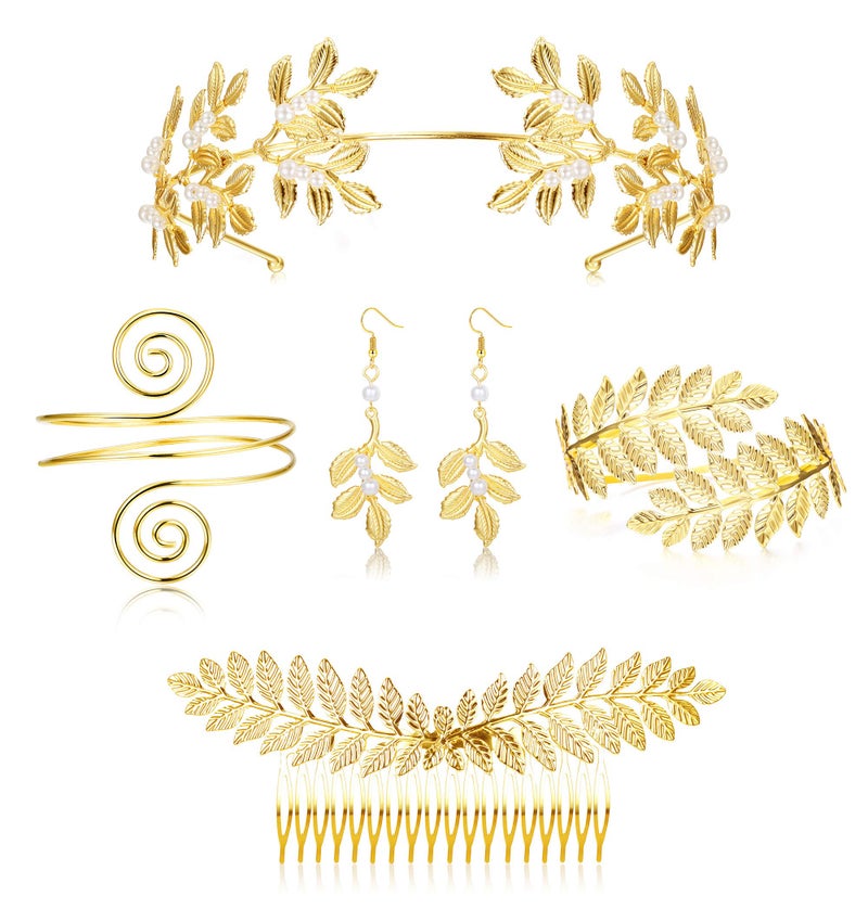 LOYALLOOK 5Sets Grecian Goddess Costume Accessories Set Greek Leaf Headband Coil Bracelet Artificial Pearl Earrings Golden Leaves Bridal Hair Comb for Women Wedding Party - Image 1